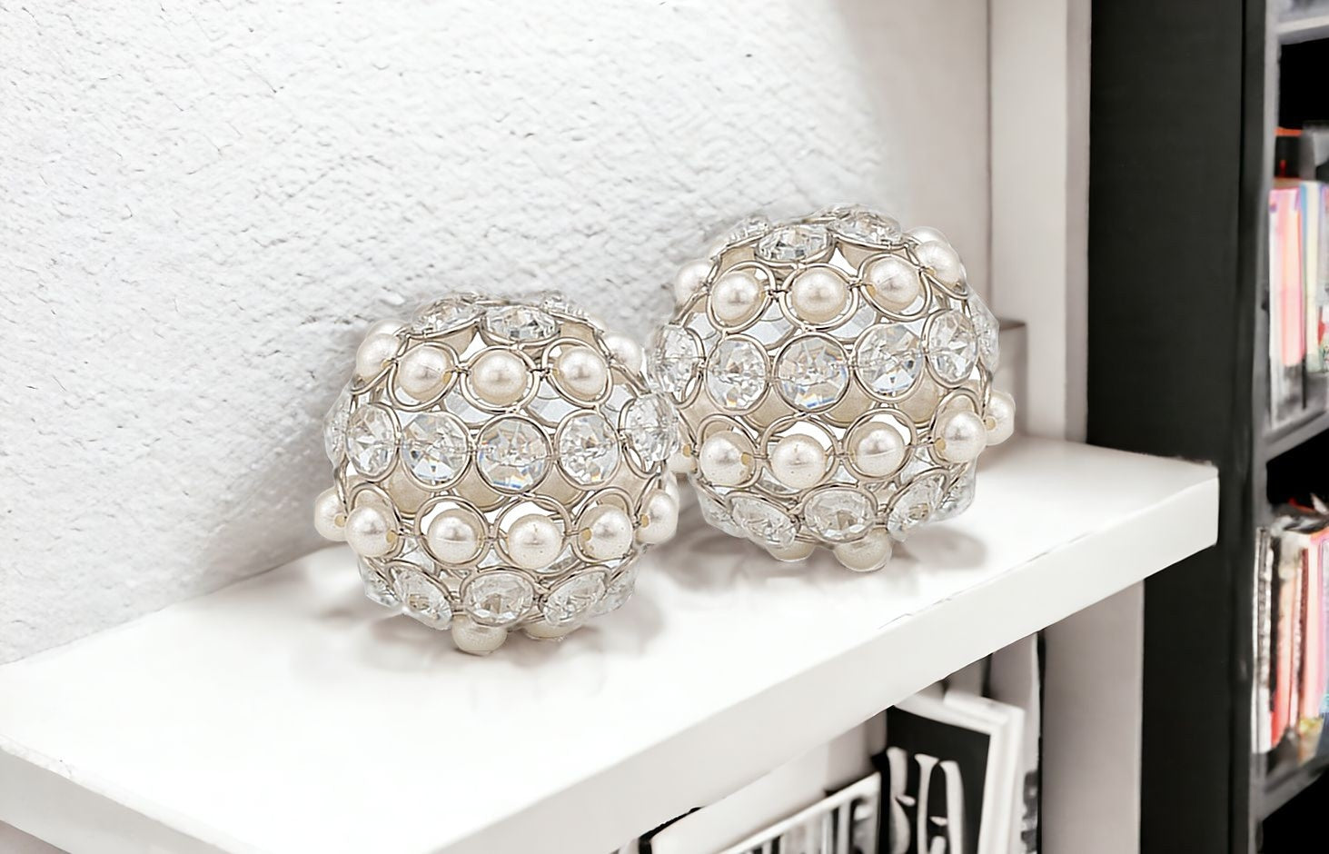 Set of Two Silver and Clear Faux Crystal and Pearl Decorative Orbs