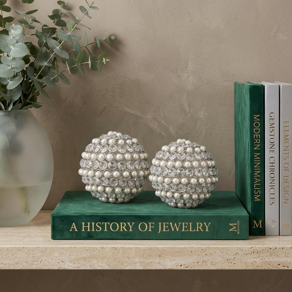 Set of Two Silver and Clear Faux Crystal and Pearl Decorative Orbs