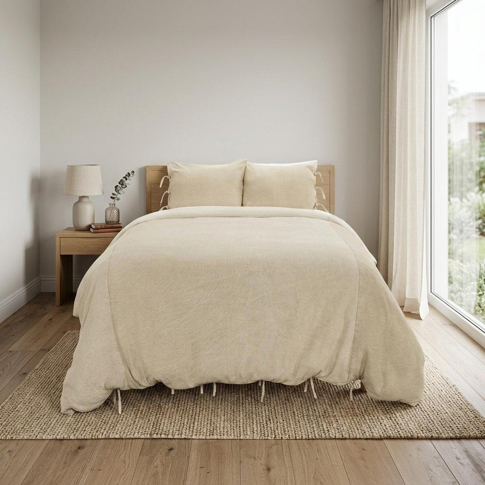 Natural Queen Cotton Washable Polyester Duvet Cover Set With Two Shams