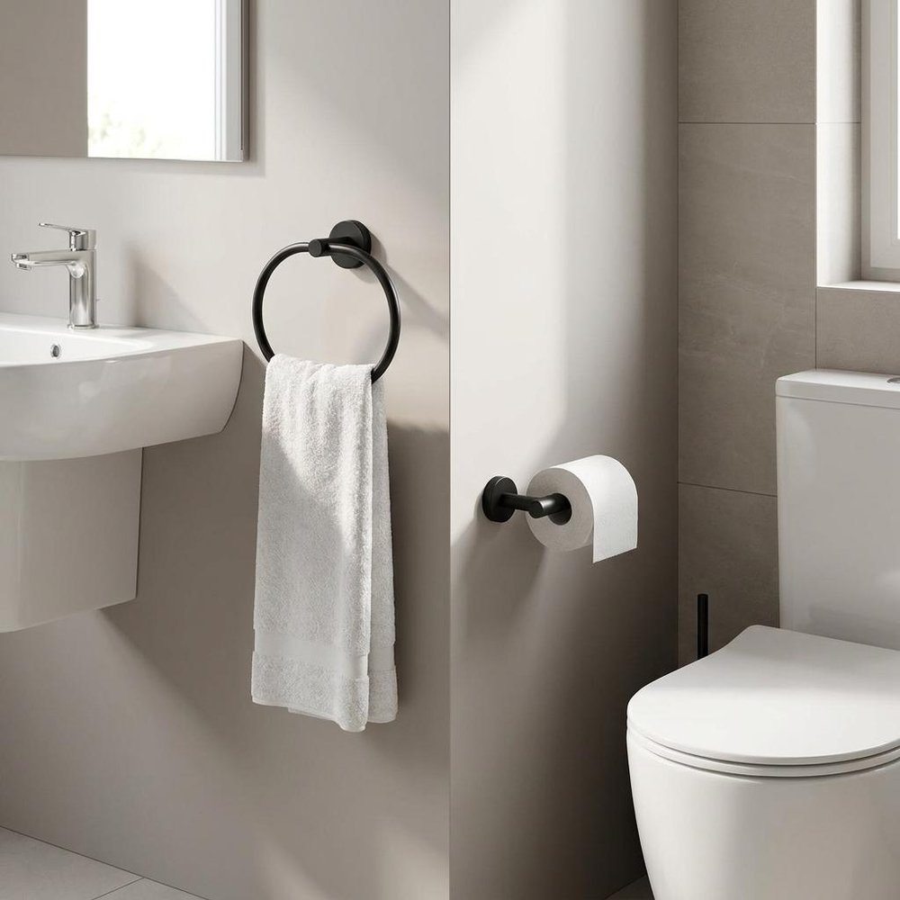 Set of Two Black Stainless Steel Wall Mount Towel Ring and Toilet Paper Holder