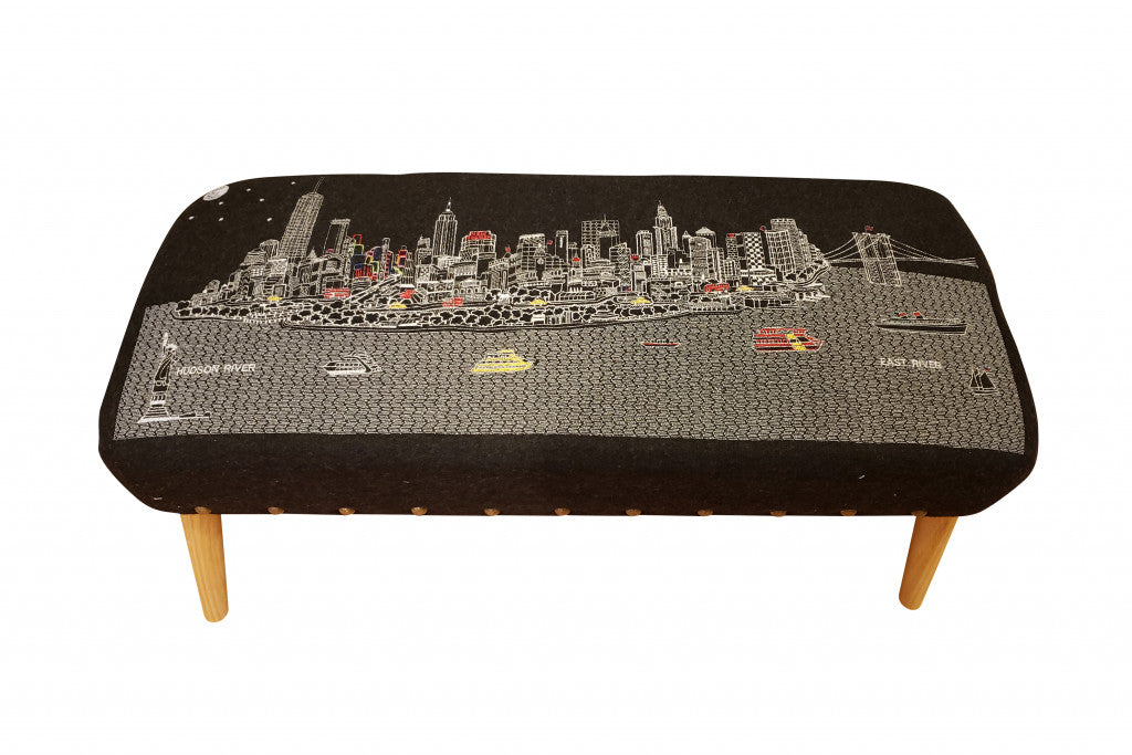 38" Gray Wool and Brown Ottoman