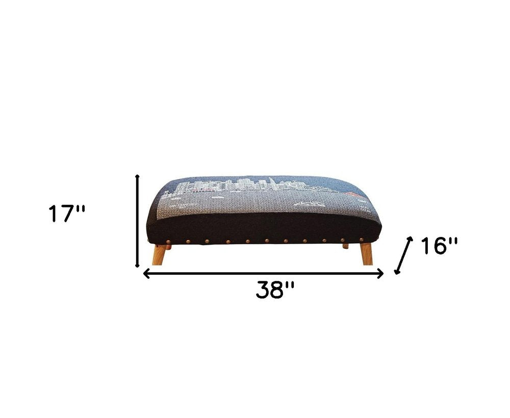 38" Gray Wool and Brown Ottoman
