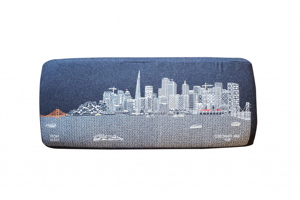 38" Gray Wool and Brown Ottoman