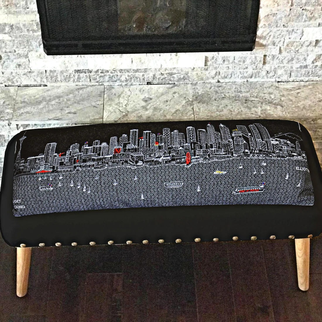 38" Gray Wool and Brown Ottoman