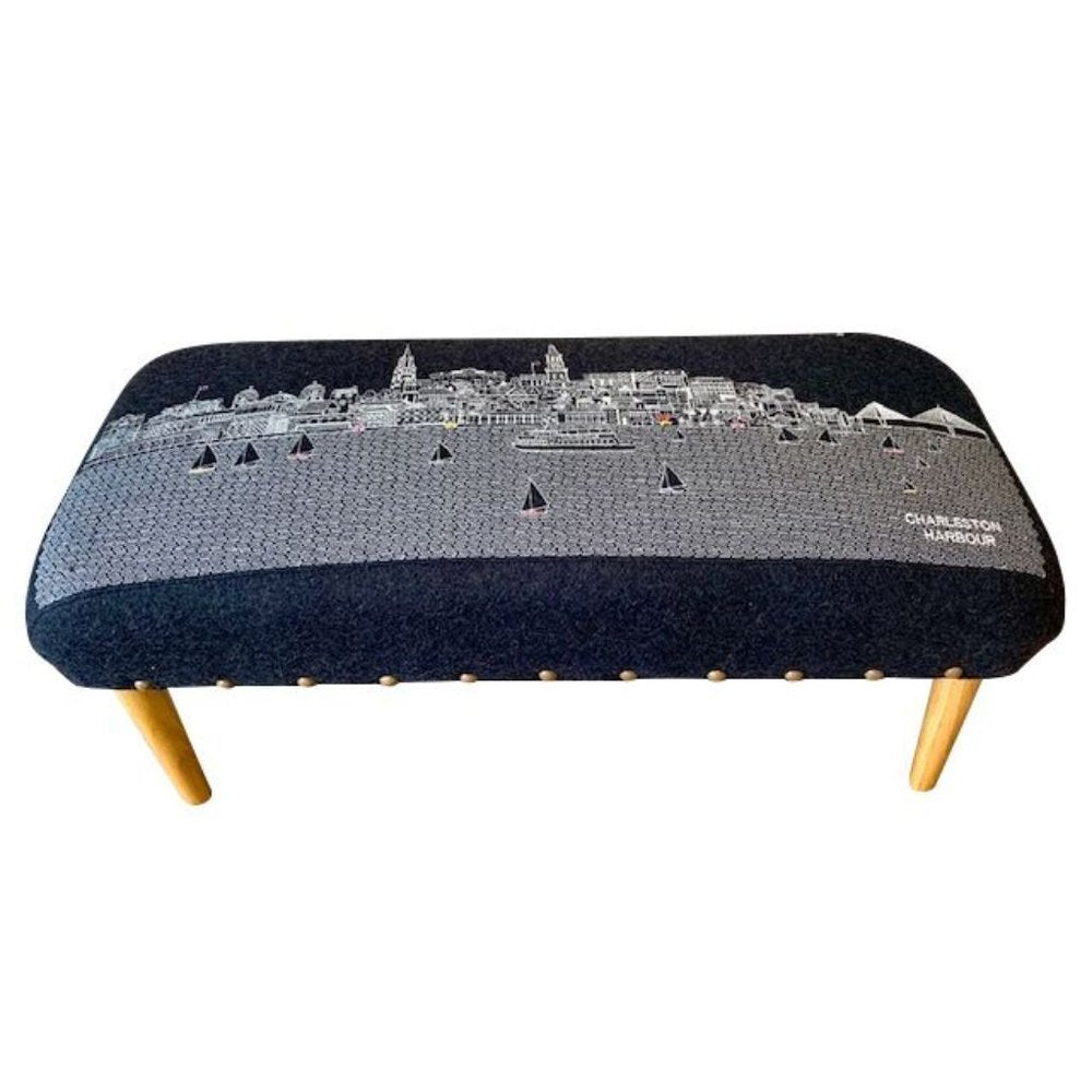 38" Gray Wool and Brown Ottoman