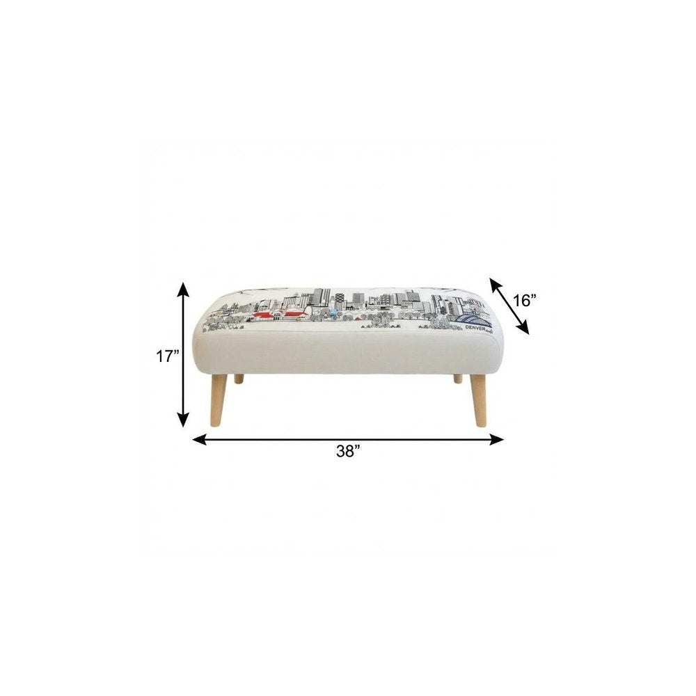 38" Cream Wool and Brown Ottoman
