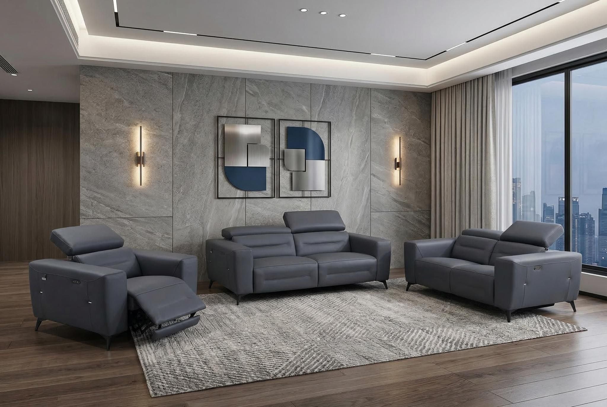 Three Piece Indoor Dark Gray Italian Leather Six Person Seating Set