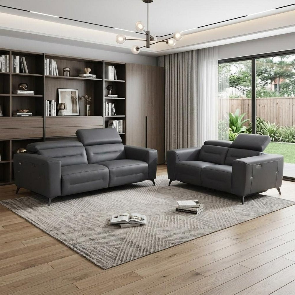 Two Piece Indoor Dark Gray Italian Leather Five Person Seating Set