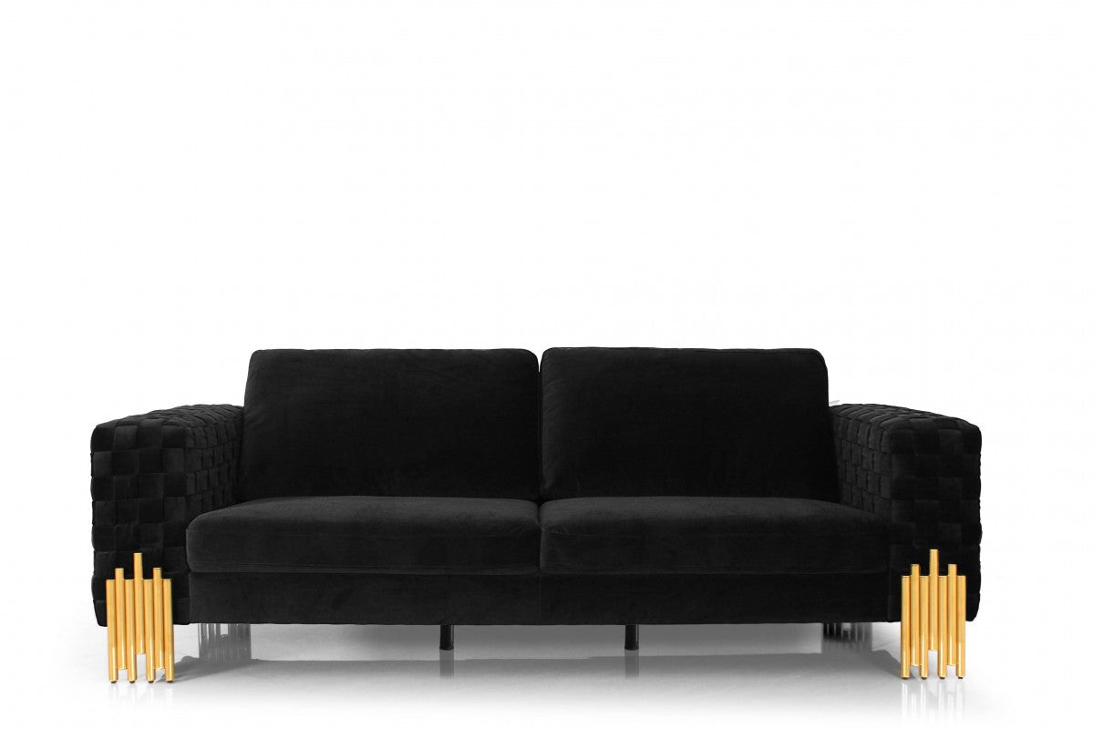 95" Black Velvet And Gold Sofa