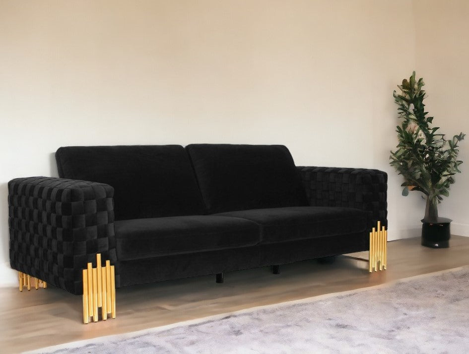 95" Black Velvet Sofa With Gold Legs