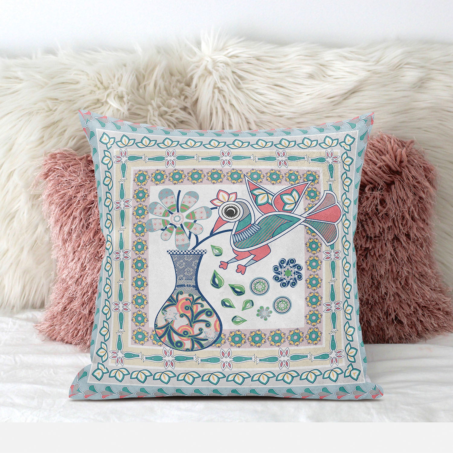 18" X 18" White And Blue Bird Blown Seam Floral Indoor Outdoor Throw Pillow