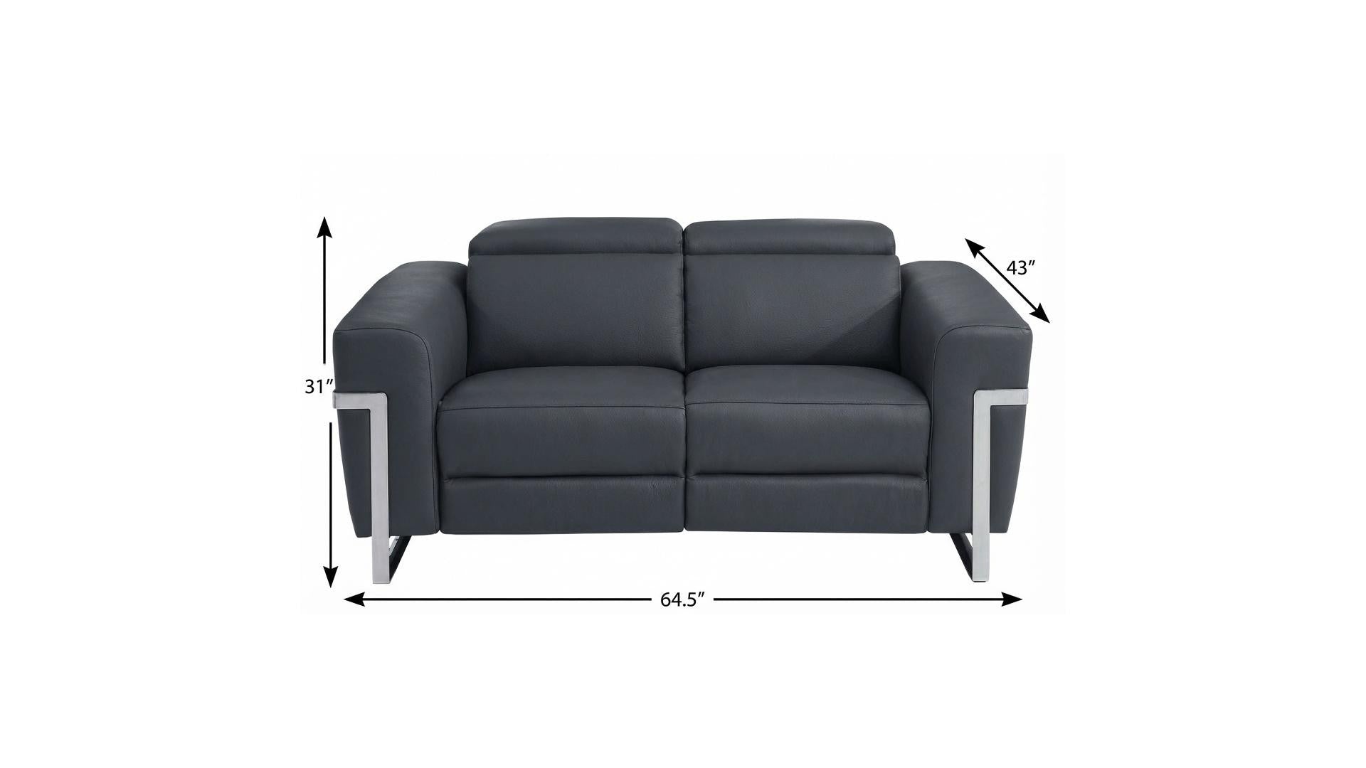 65" Gray And Silver Italian Leather Power Reclining Loveseat