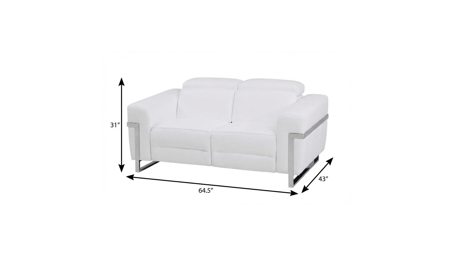 65" White And Silver Italian Leather Power Reclining Loveseat