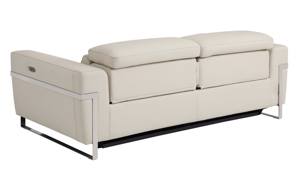 83" White Italian Leather USB Reclining Sofa With Black Legs