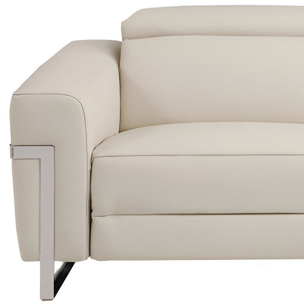83" White Italian Leather USB Reclining Sofa With Black Legs