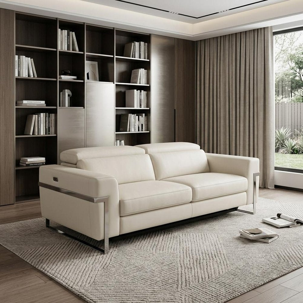 83" White Italian Leather USB Reclining Sofa With Black Legs