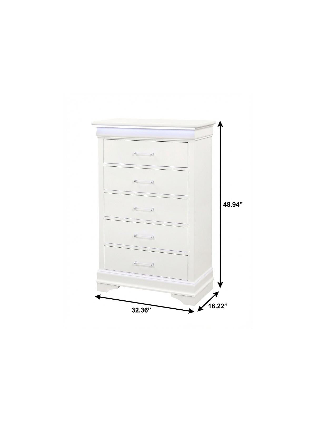 16" White Solid Wood Five Drawer Chest with LED Lighting