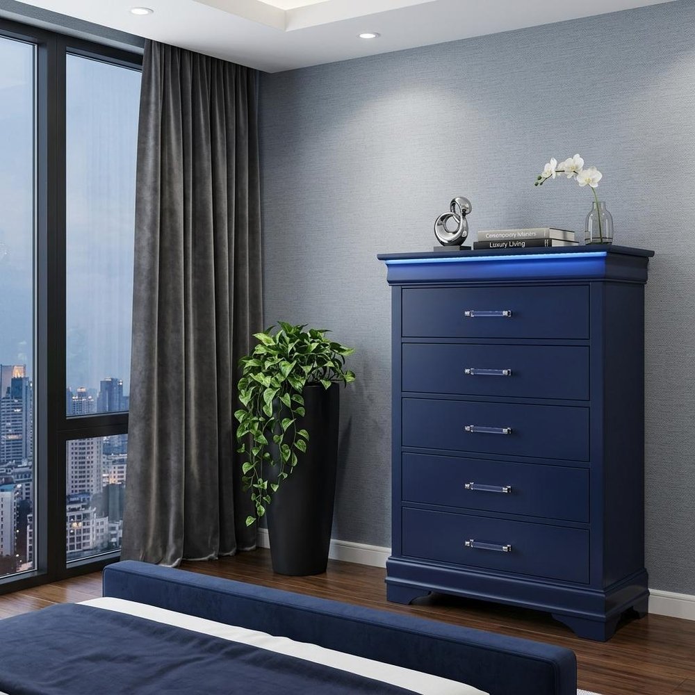 16" Blue Solid Wood Five Drawer Chest With LED Lighting
