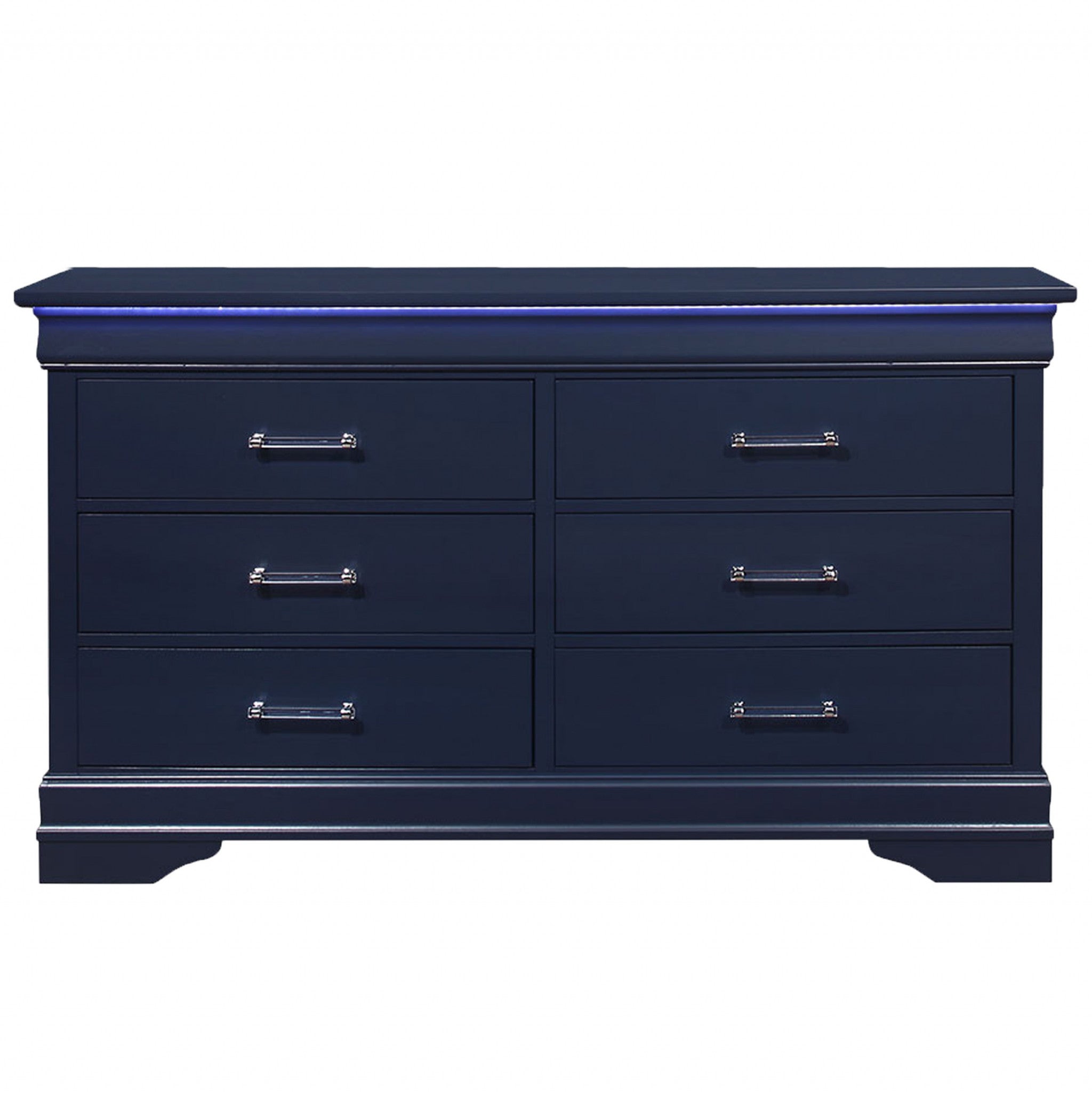 59" Blue Solid Wood Six Drawer Double Dresser with LED