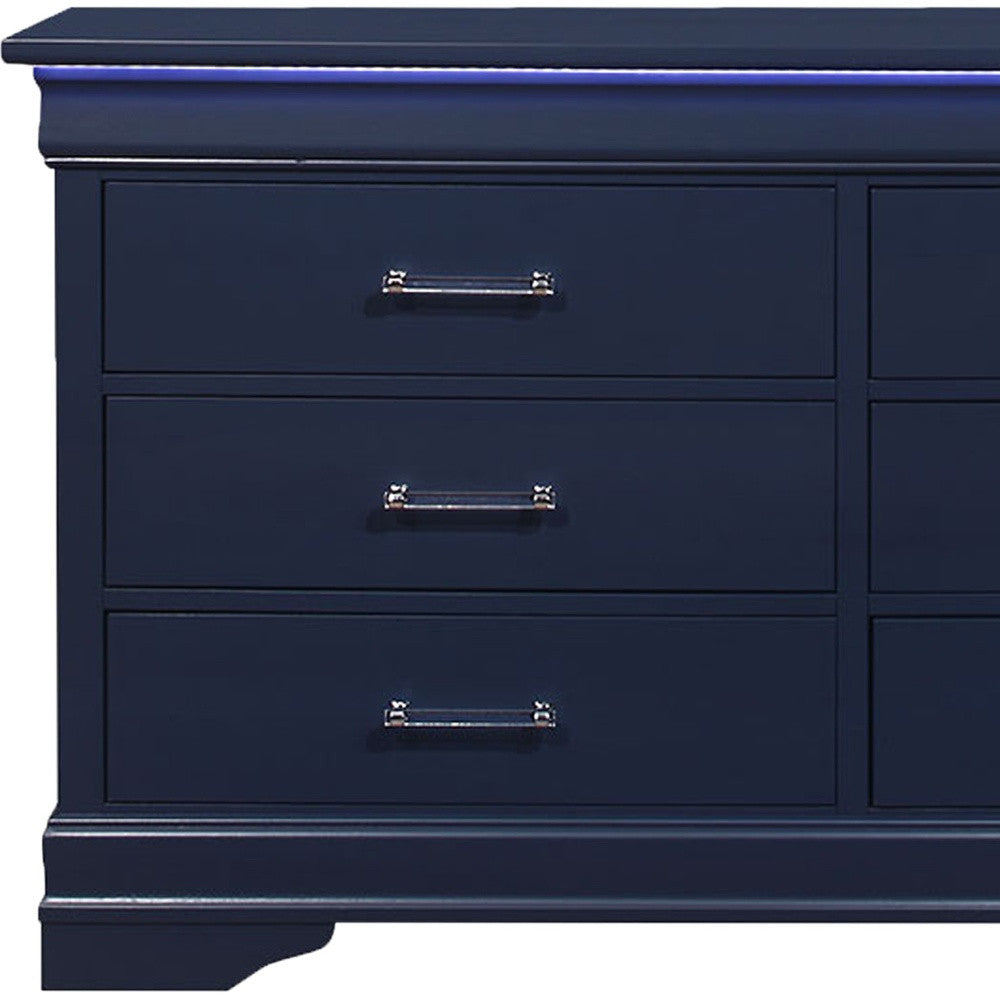 59" Blue Solid Wood Six Drawer Double Dresser with LED