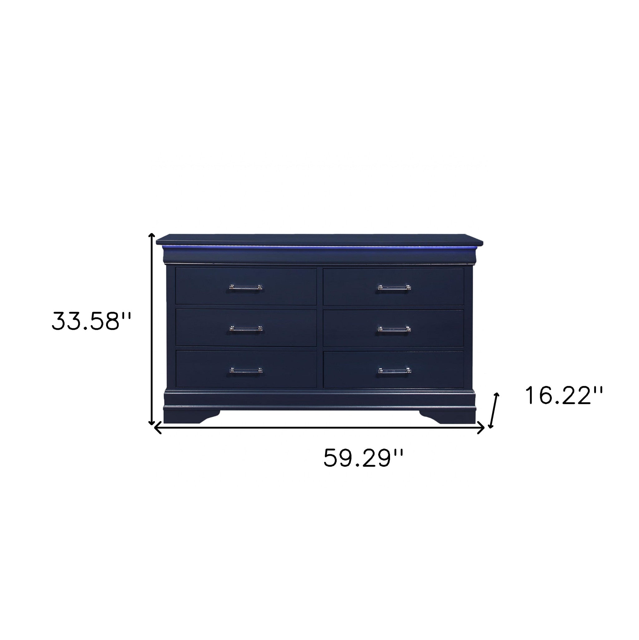 59" Blue Solid Wood Six Drawer Double Dresser with LED