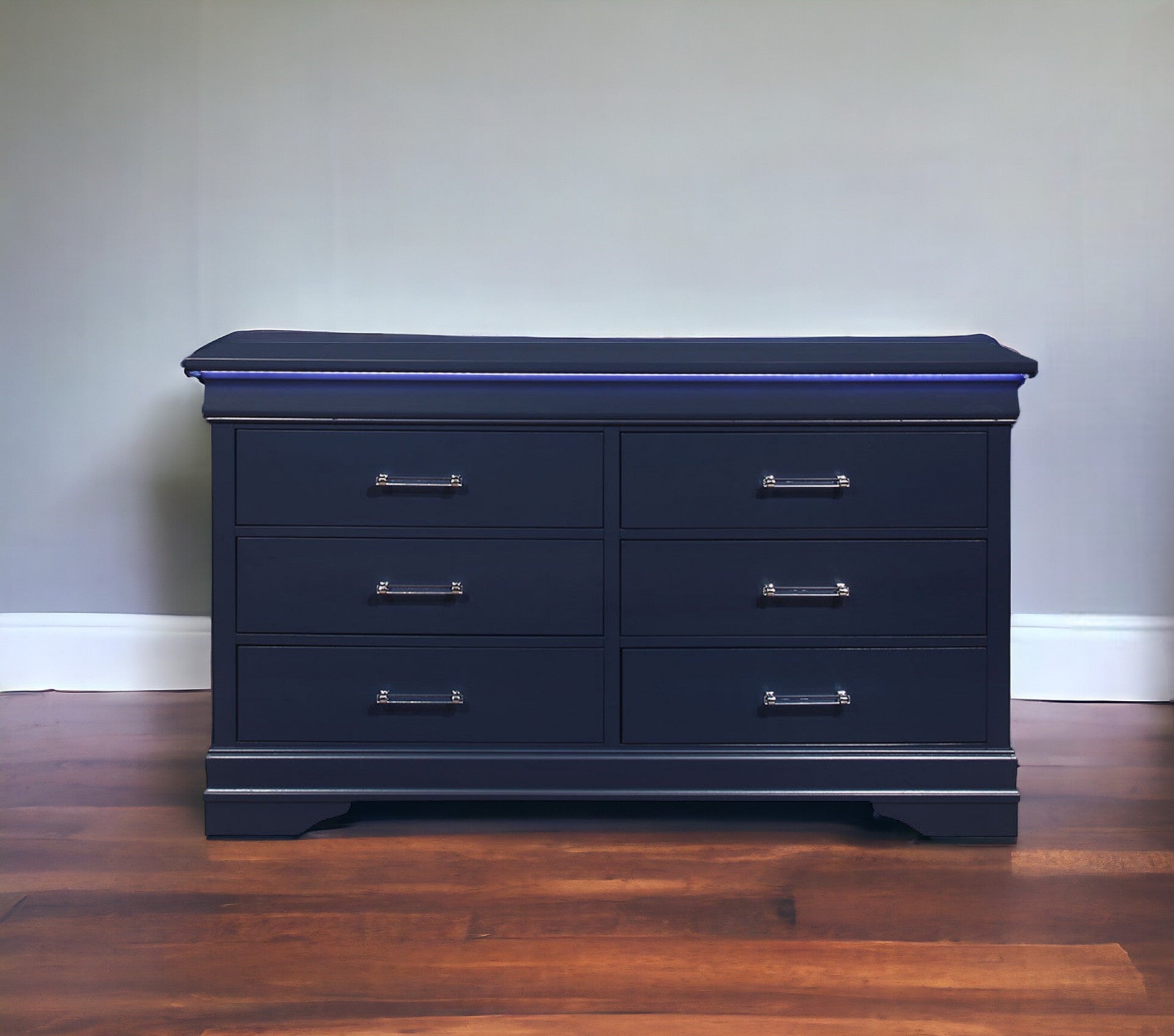 59" Blue Solid Wood Six Drawer Double Dresser with LED