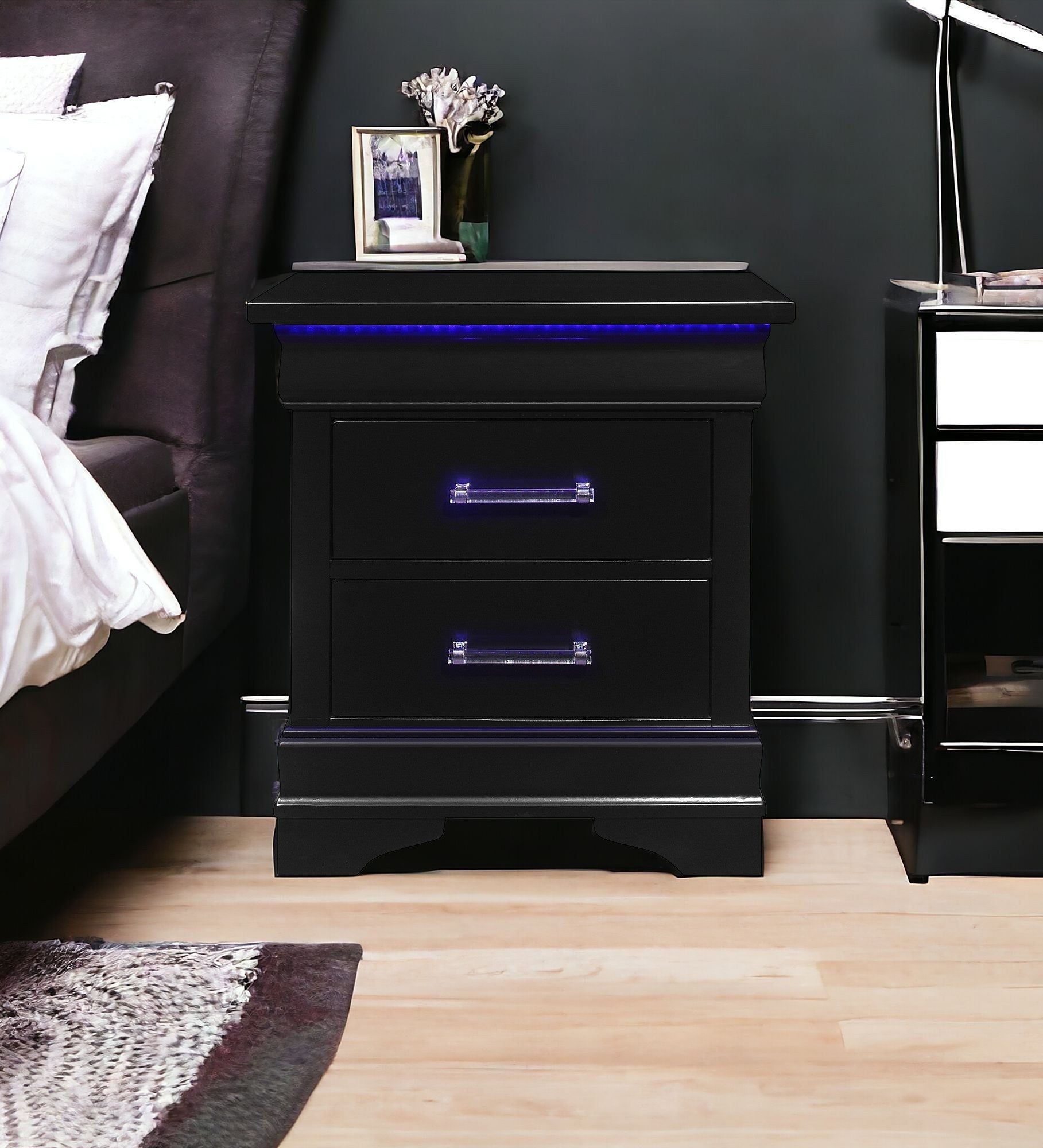 24" Black Two Drawer Wood Lighted Nightstand