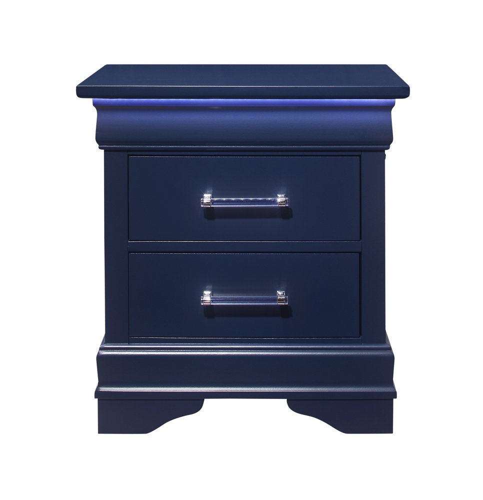 24" Blue Wood Lighted Two Drawer Nightstand