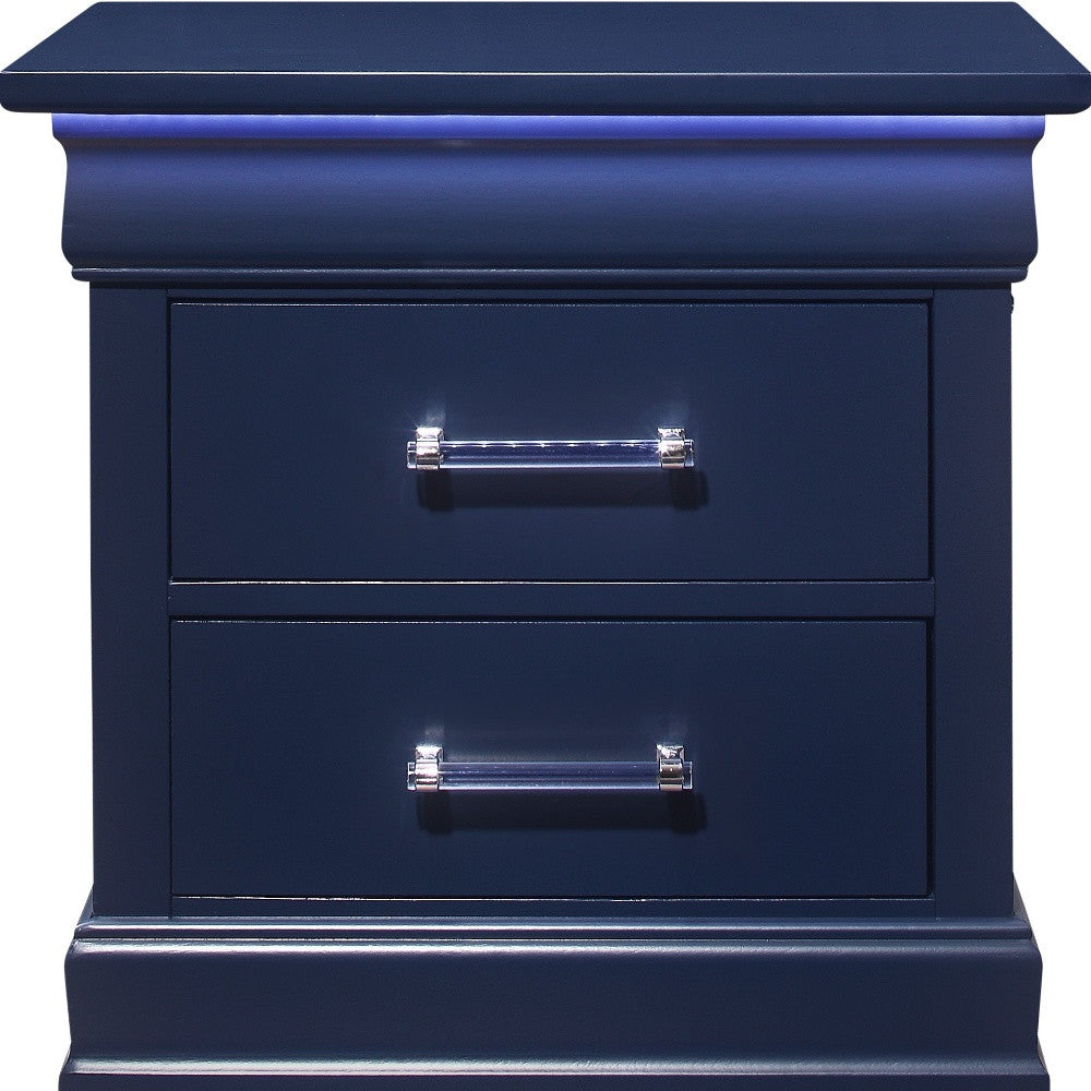 24" Blue Two Drawer Solid Wood Lighted Nightstand