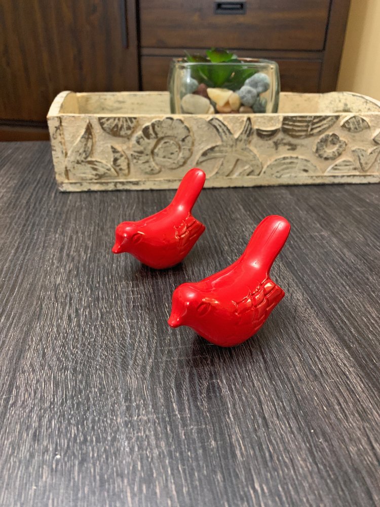 Set of Two Red Metal Bird Tabletop Sculpture