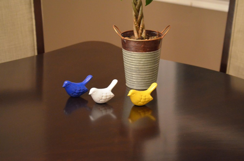 Set of Three Blue And Yellow Metal Bird Tabletop Sculpture