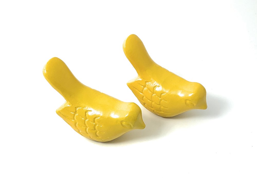 Set of Two Yellow Metal Bird Tabletop Sculpture