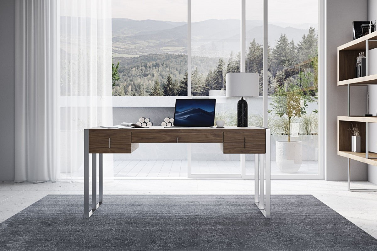 62" Brown and Silver Writing Desk With Four Drawers