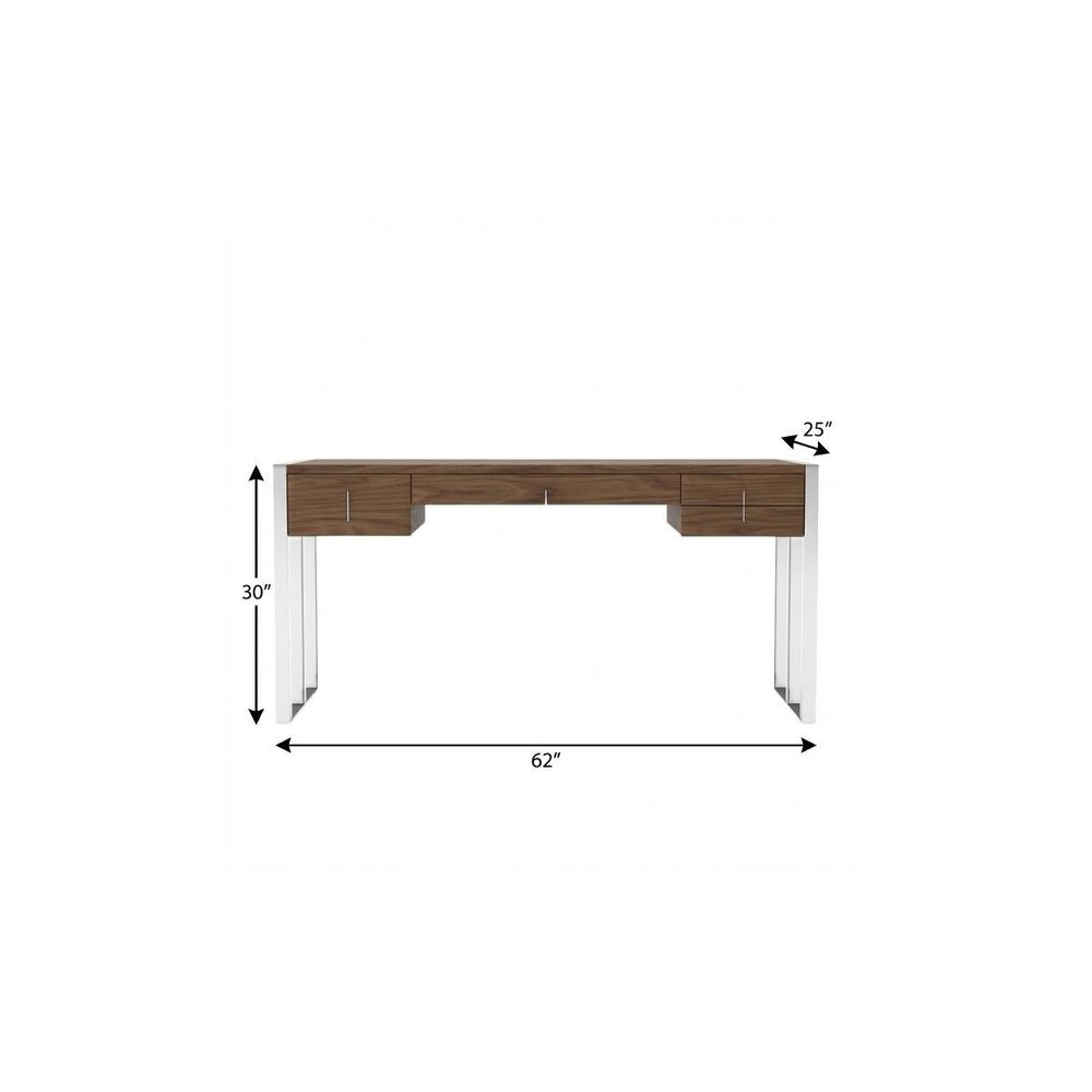 62" Brown and Silver Writing Desk With Four Drawers