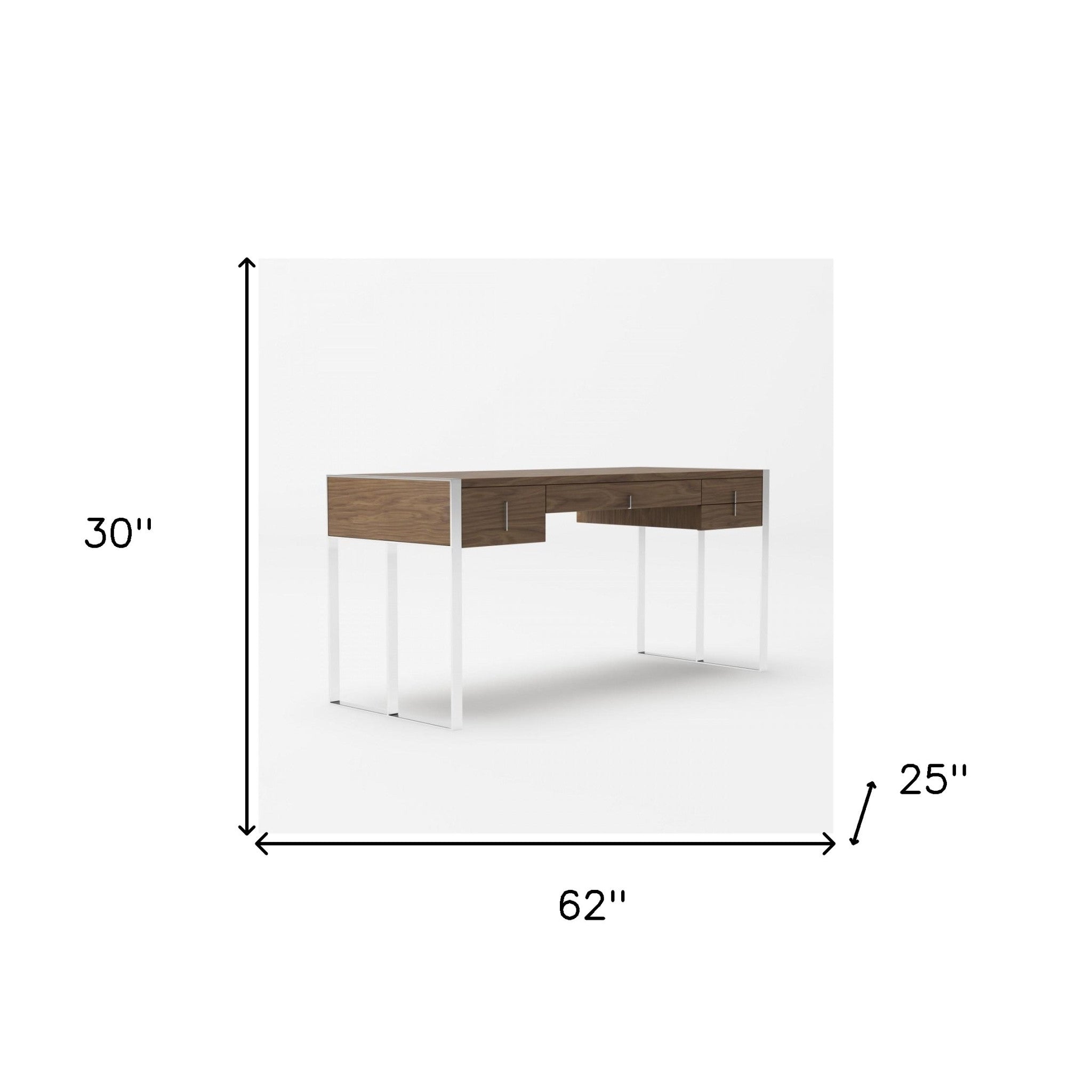 62" Brown and Silver Writing Desk With Four Drawers