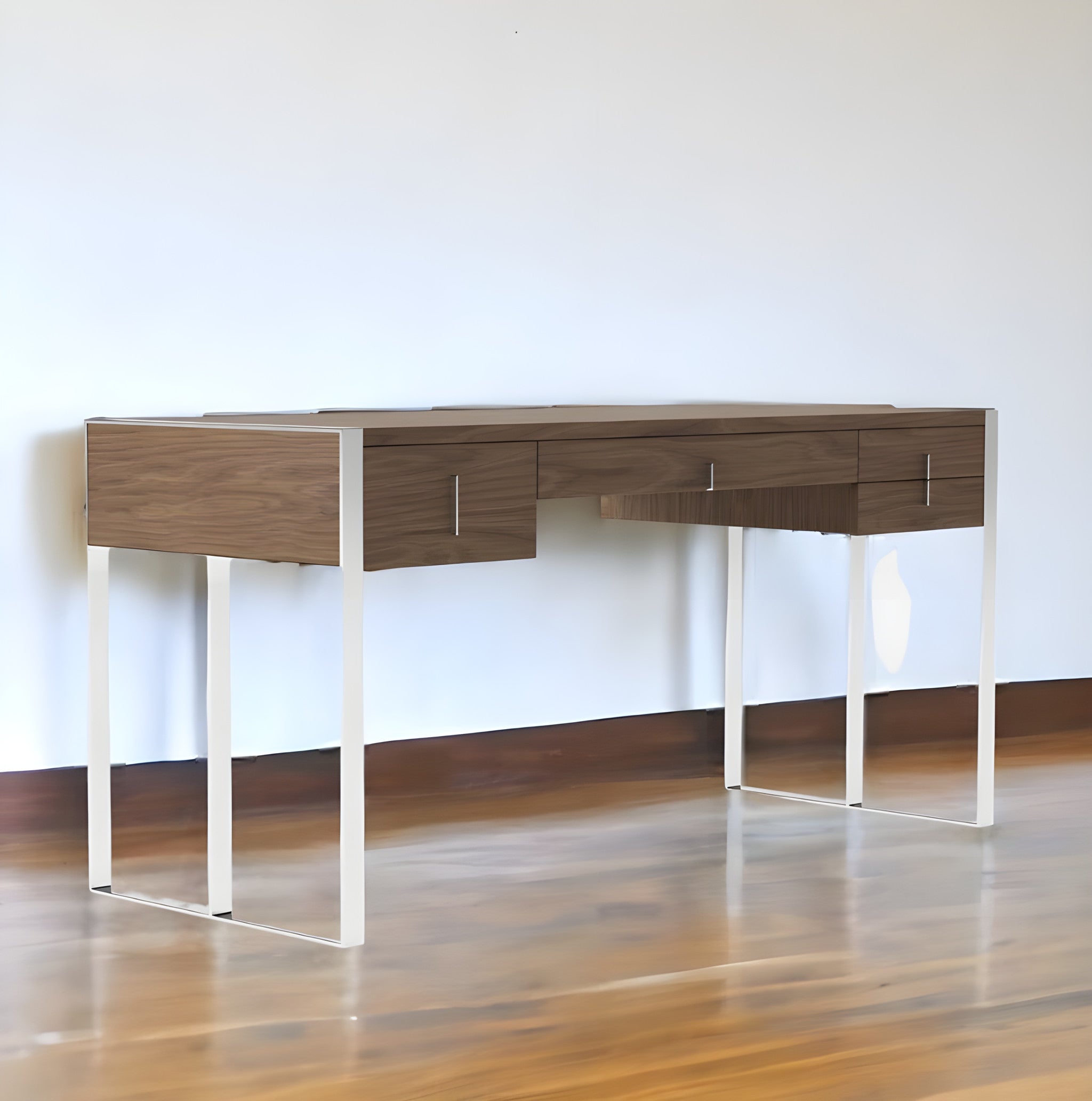 62" Brown and Silver Writing Desk With Four Drawers