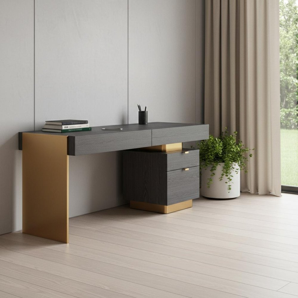 63" Gray and Gold Writing Desk With Four Drawers