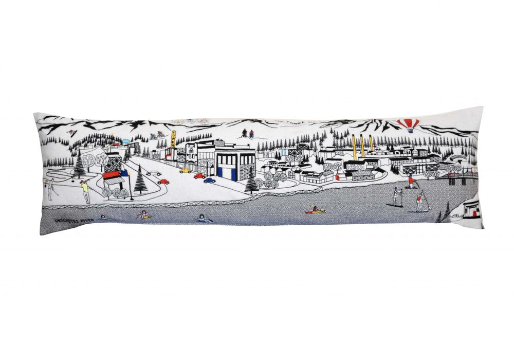 14" X 45" Cream Lumbar Bend Hometown Pride Wool Throw Pillow with Embroidery