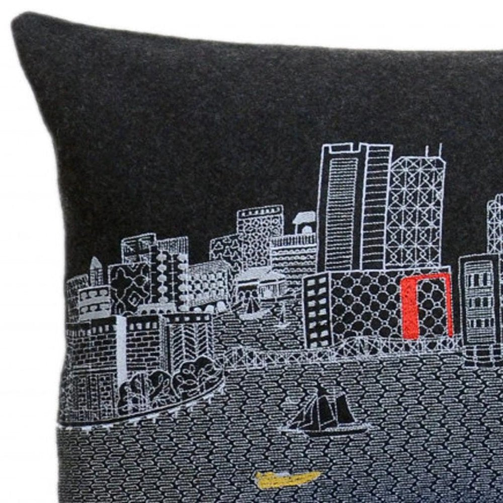 14" X 45" Dark Gray And White Boston Night Skyline Lumbar Decorative Pillow