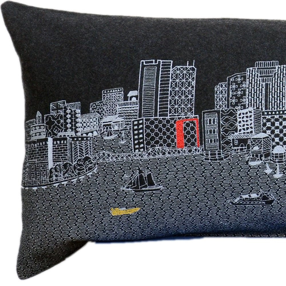 14" X 45" Black Gray and White Hometown Pride Wool Lumbar Throw Pillow