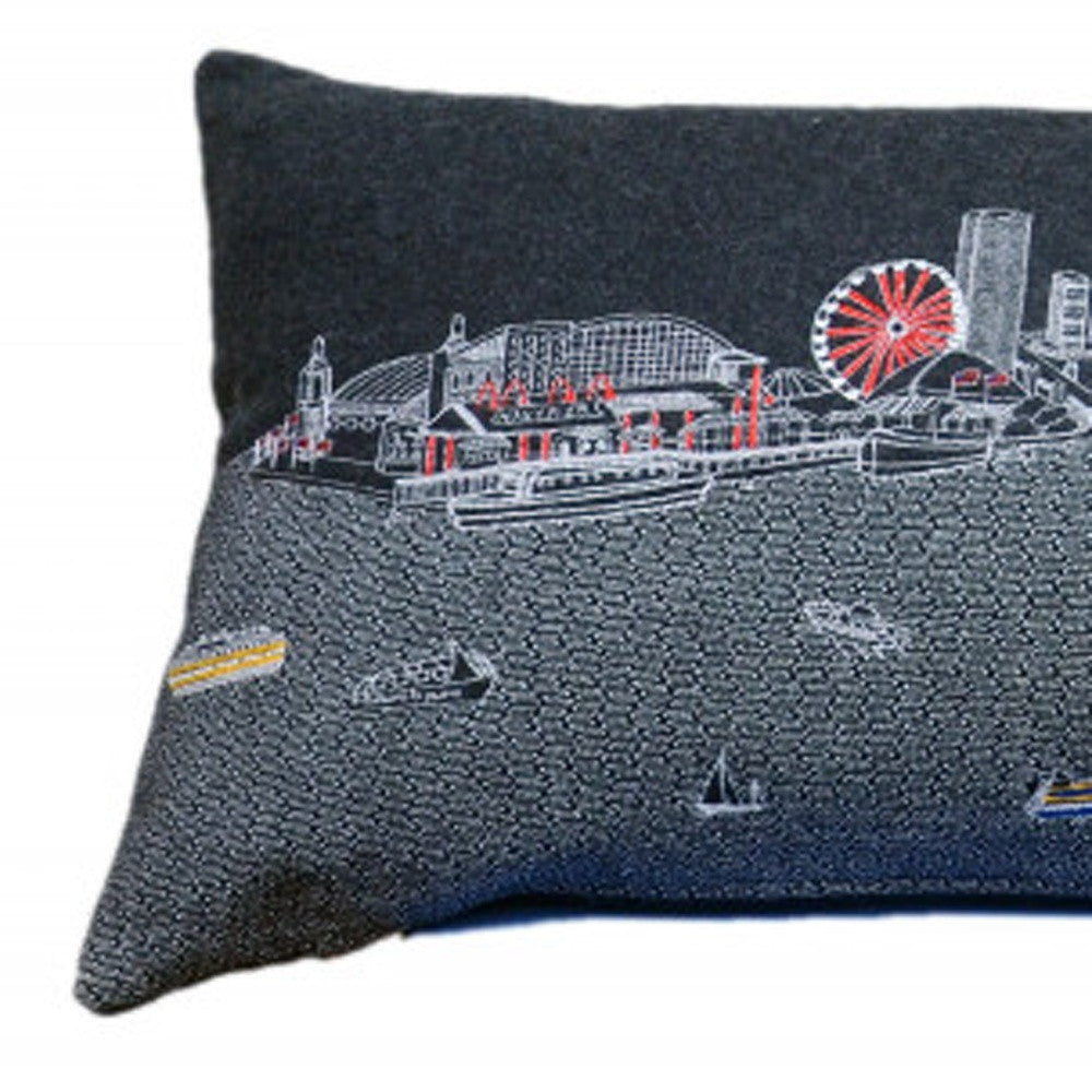 14" X 45" Dark Gray And White Chicago Nighttime Skyline Lumbar Decorative Pillow