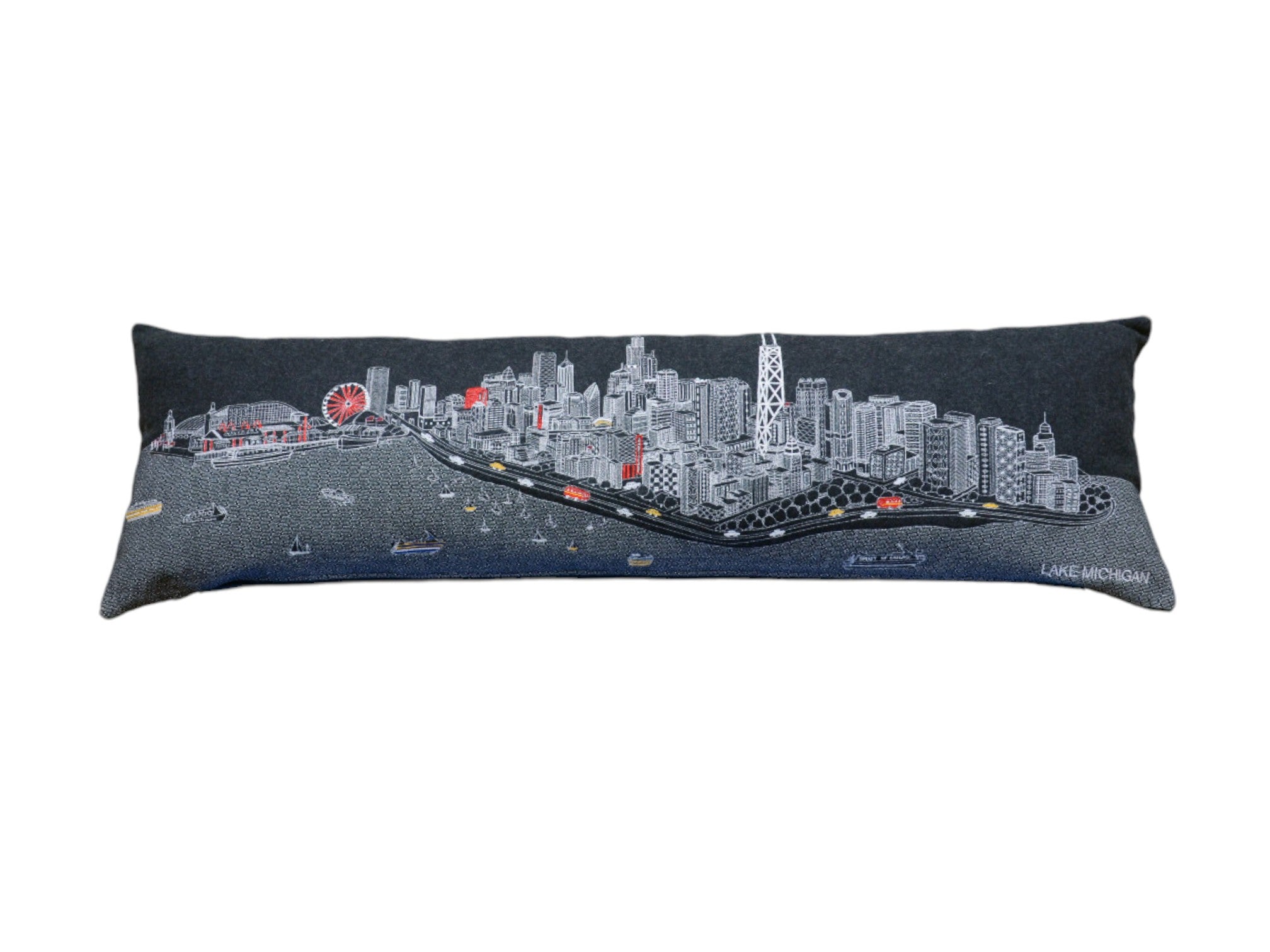 14" X 45" Dark Gray And White Chicago Nighttime Skyline Lumbar Decorative Pillow