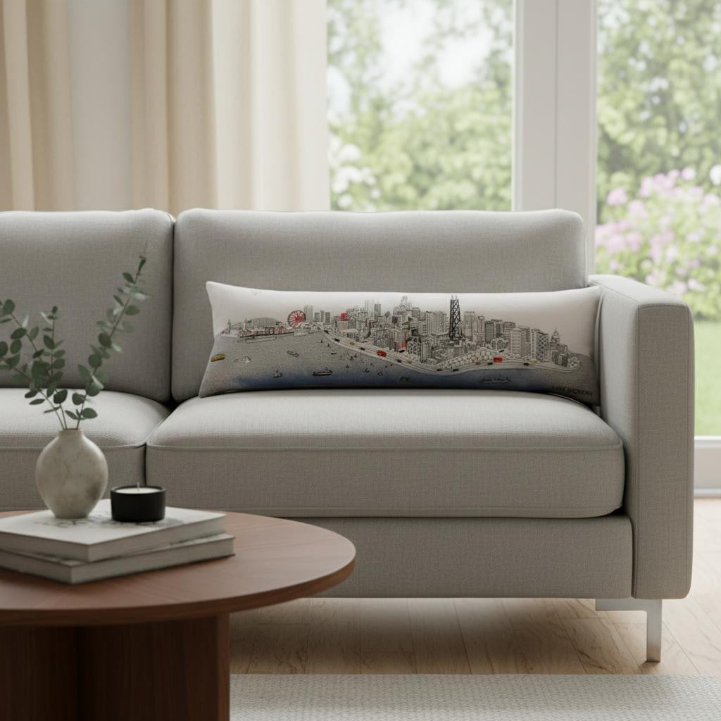 14" X 45" Cream Lumbar Chicago Daylight Skyline Lumbar Decorative Pillow