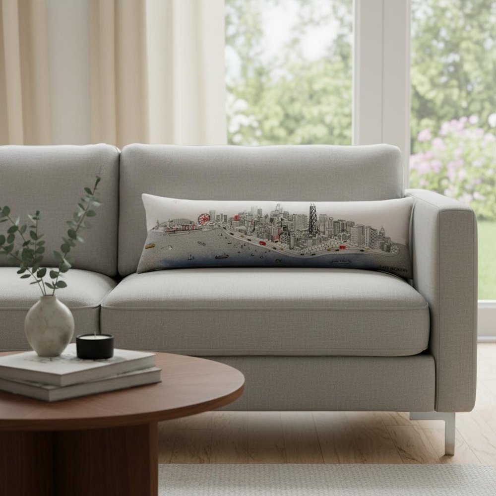 14" X 45" Cream Lumbar Chicago Daylight Skyline Lumbar Decorative Pillow