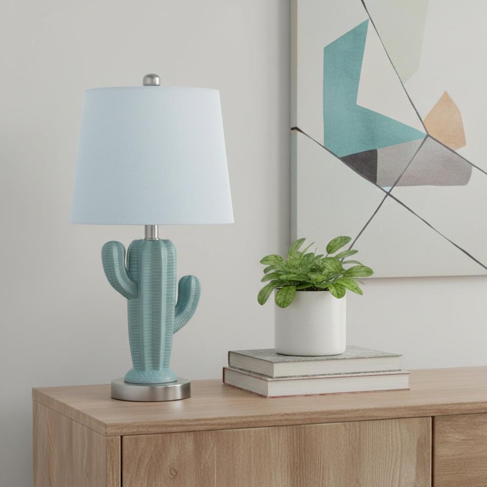 22" Pale Blue Green Ceramic Cactus Table Lamp With White Shade
