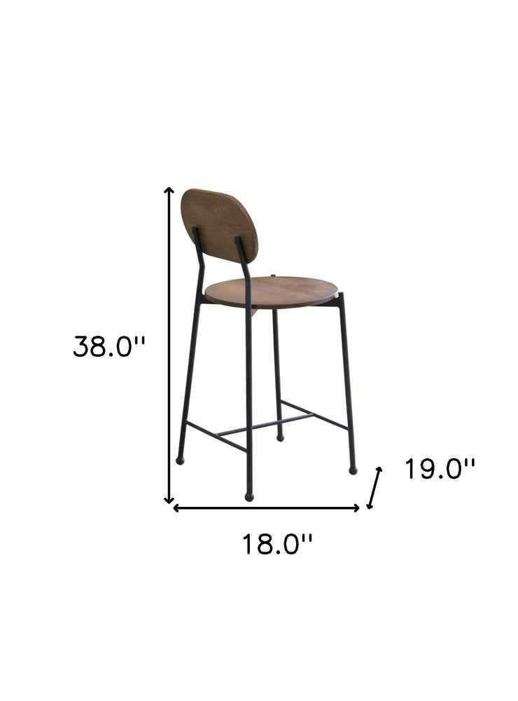 25" Brown And Black Solid Wood And Iron Low Back Bar Height Bar Chair