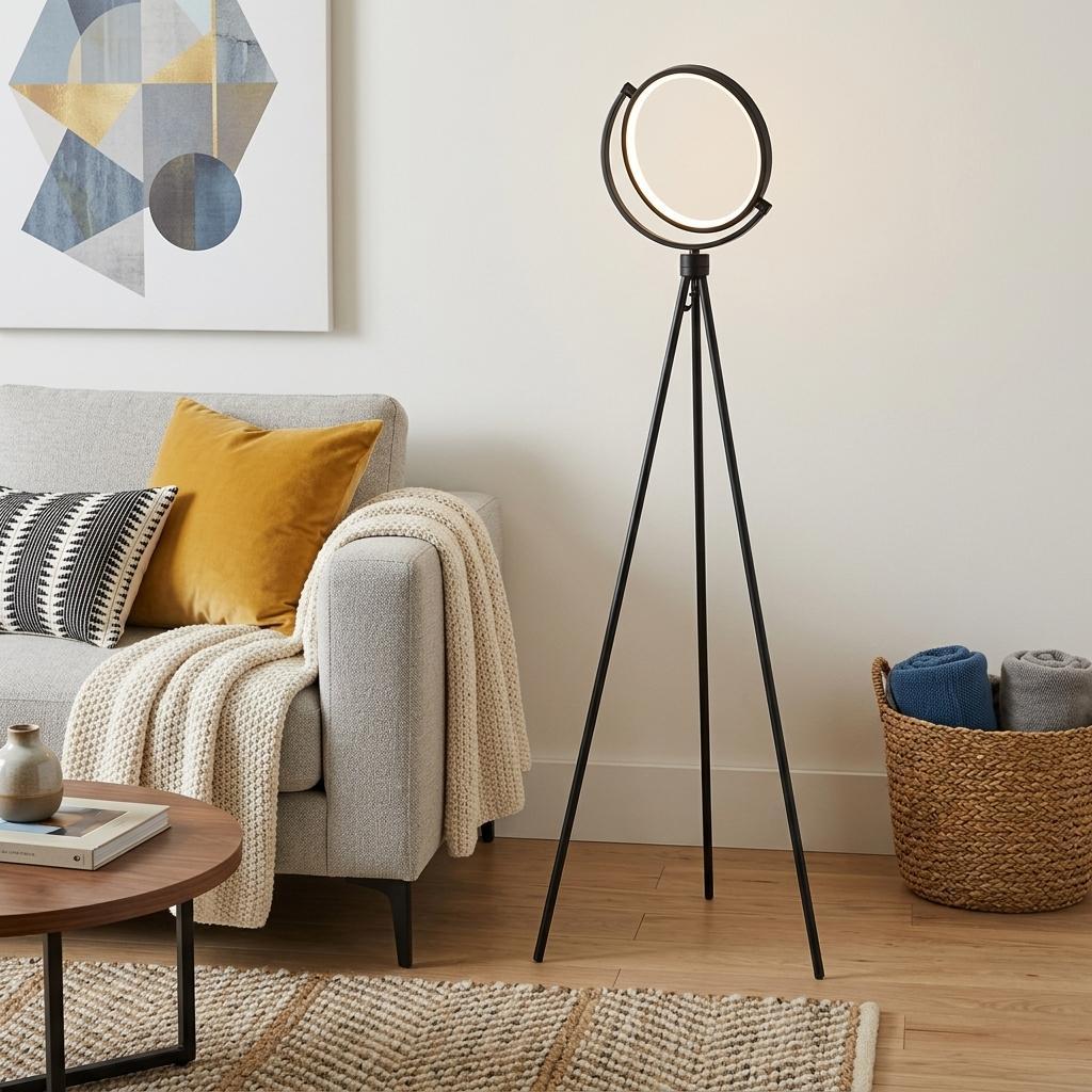 60" Black LED Tripod Floor Lamp With Black Metal Novelty Shade