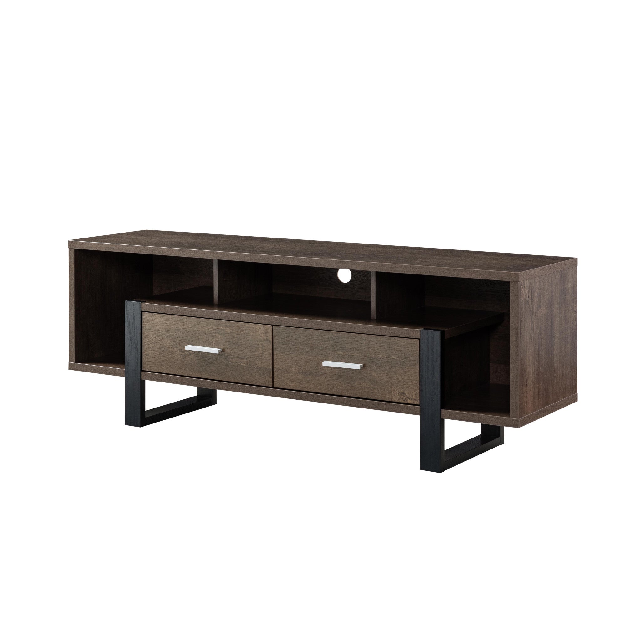 60" Walnut Oak And Black Manufactured Wood Cabinet Enclosed Storage TV Stand