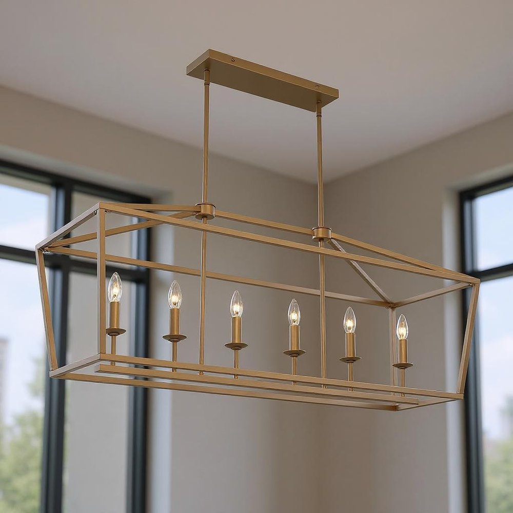Brass Candle Style Six Light Metal Dimmable Chandelier