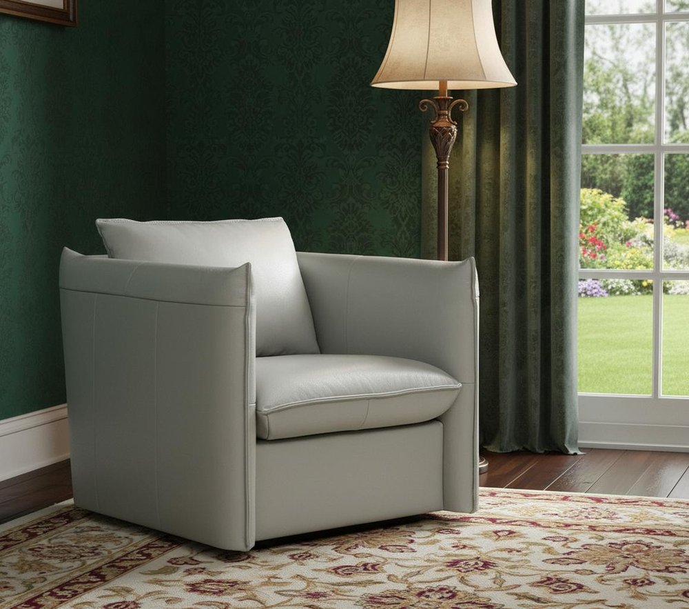 36" Gray And Silver Genuine Leather Swivel Lounge Chair